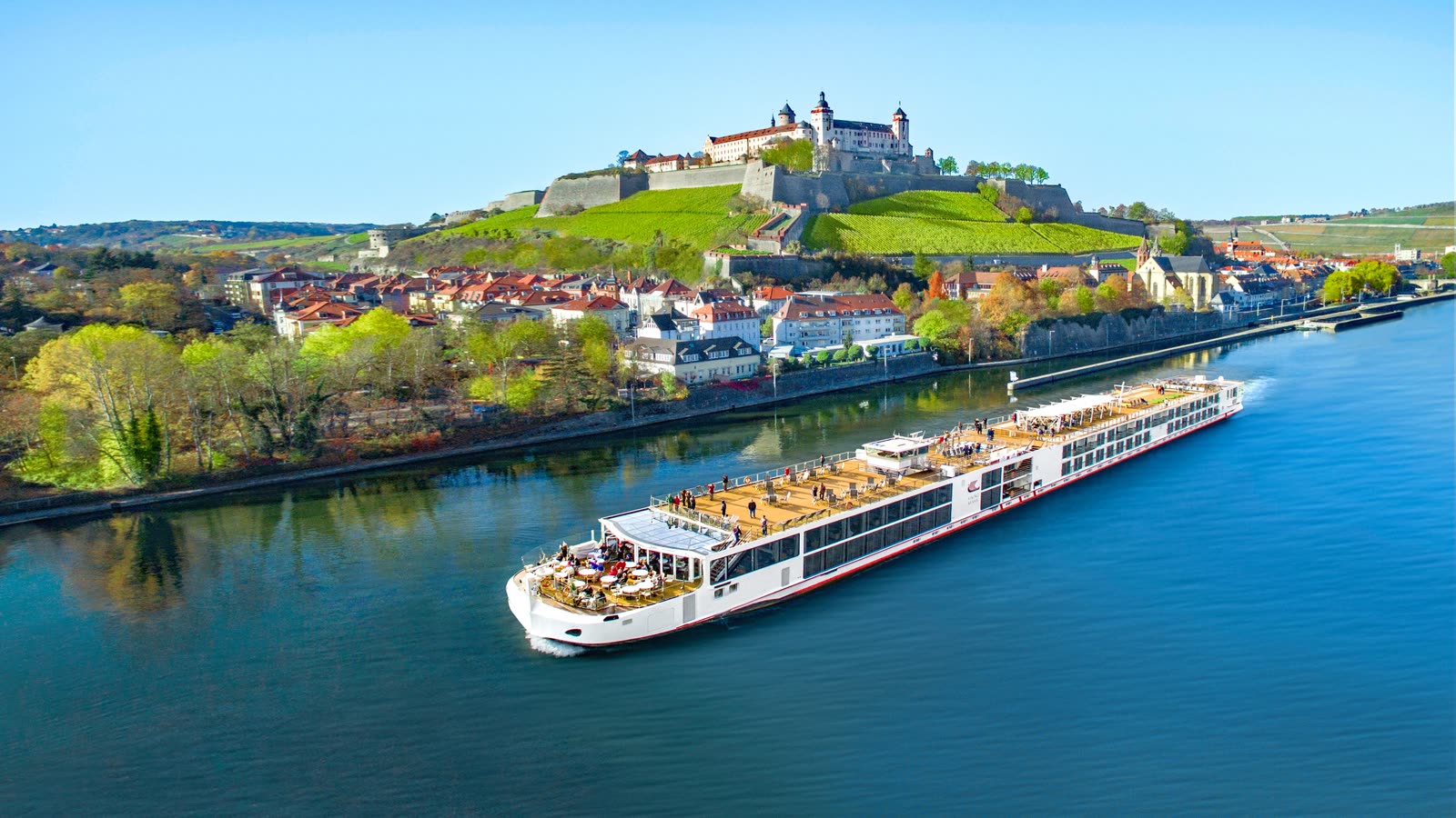 Viking Var longship on a European river &mdash; flagship river fleet